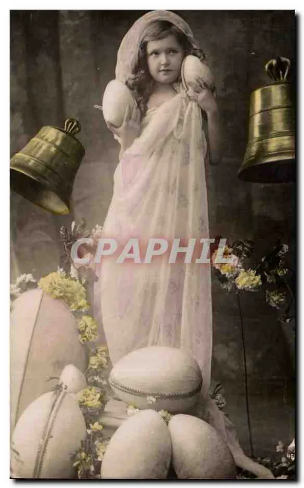 Mädchen in weißem Kleid und Schleier — mit Glocken und dekorativen Eiern — Poyler 'Radius Brom' n°46 - Vorderseite