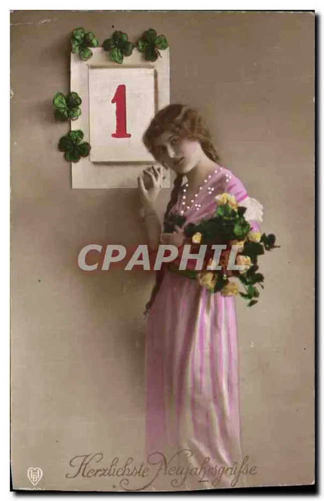Jeune femme en robe rose — avec bouquet et calendrier orné de trèfles — éditeur H. H. (logo) et texte imprimé 'Herzlichste Neujahrsgrüße' - Vorderseite