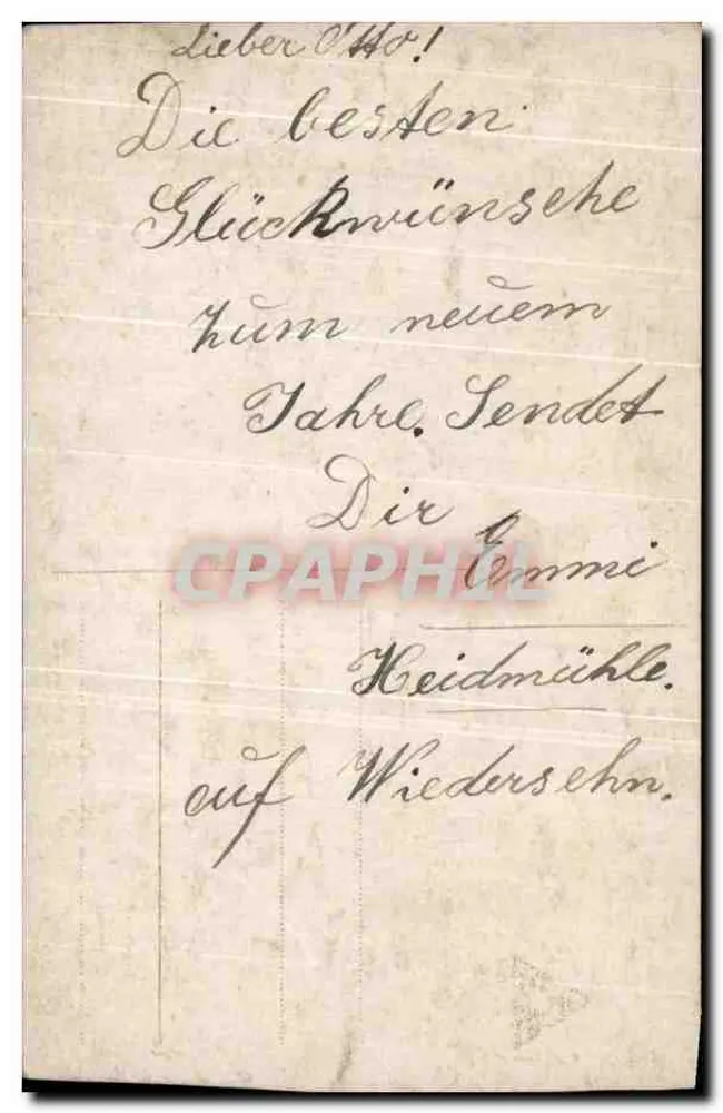Jeune femme en robe rose — avec bouquet et calendrier orné de trèfles — éditeur H. H. (logo) et texte imprimé 'Herzlichste Neujahrsgrüße' - Rückseite
