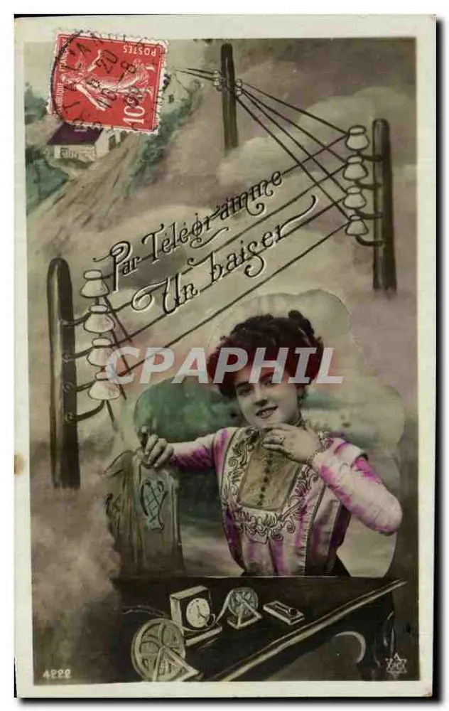 Frau am Telegraphenamt — 'Per Telegramm, ein Kuss' — unbekannter Verleger, n° 4222 - Vorderseite
