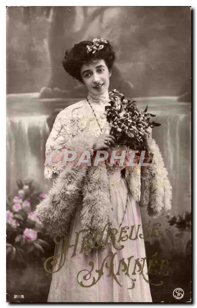 Junge Frau in Kleid und Pelzmantel — 'Glückliches Neues Jahr' — S.P. n°2113 - Vorderseite