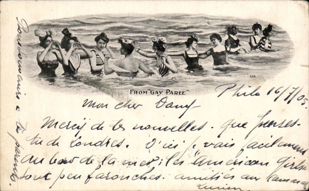 Femmes en maillots de bain — scène de plage — éditeur 'Elamn Four Card Co.' n°208 - Vorderseite