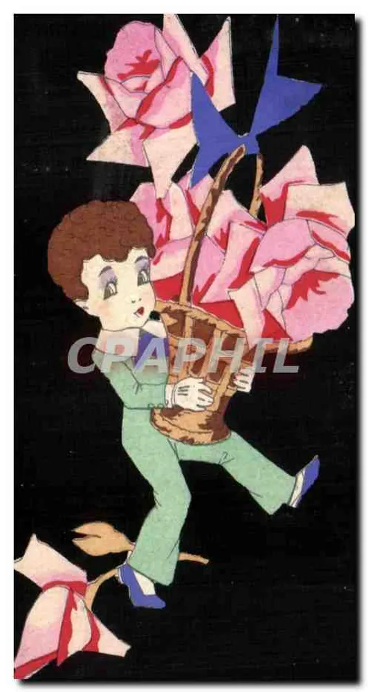 Enfant portant un panier de roses — illustration sur fond noir — éditeur non visible - Recto