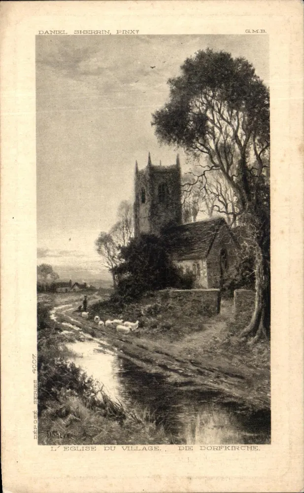 A Igreja do vilarejo — vista do vilarejo com igreja e rebanho — Daniel Shepprin, Pinxt, G.M.B. - Frente