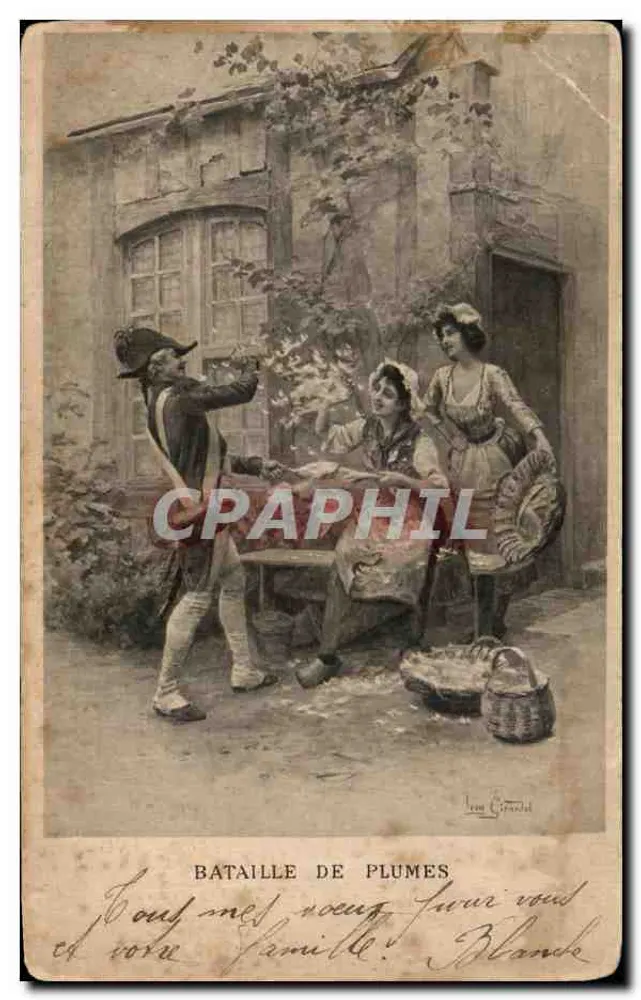 Bataille de Plumes — scène de jardin avec trois personnages — éditeur Léon Girardet, n° de série non visible - Vorderseite