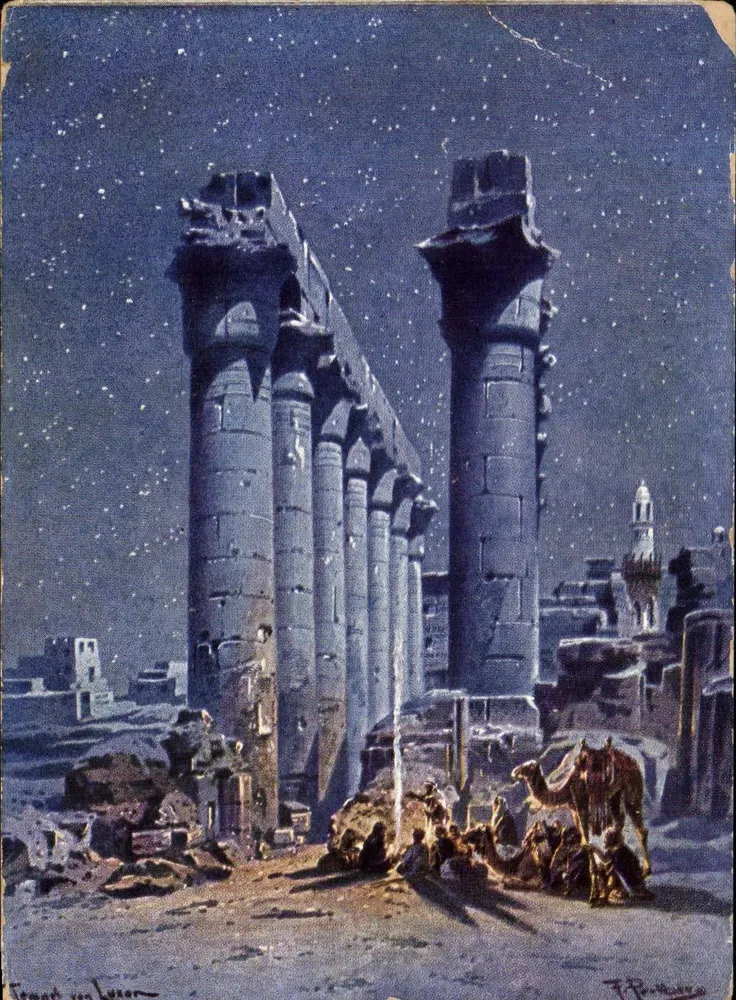 Temple de Louxor — scène nocturne avec colonnes et dromadaire — F. Pontiere - Front