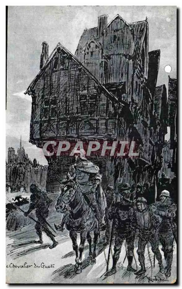 Cavaleiro do Guet — cena de rua medieval — gravura de Robida - Frente