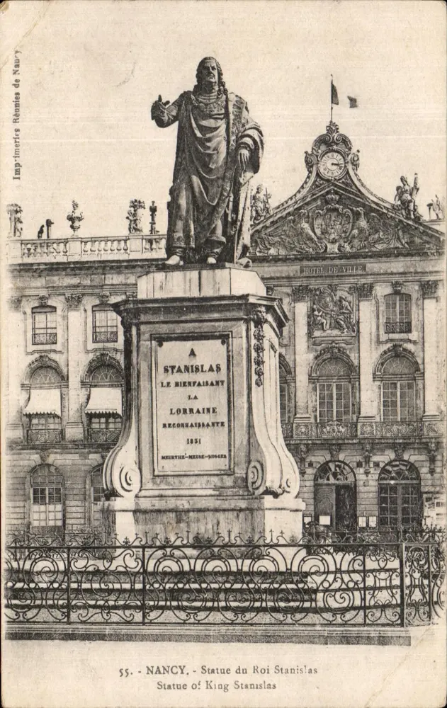 Nancy — Statue du Roi Stanislas devant l'Hôtel de Ville — Imprimeries Réunies de Nauvy, n° 55 - Frente