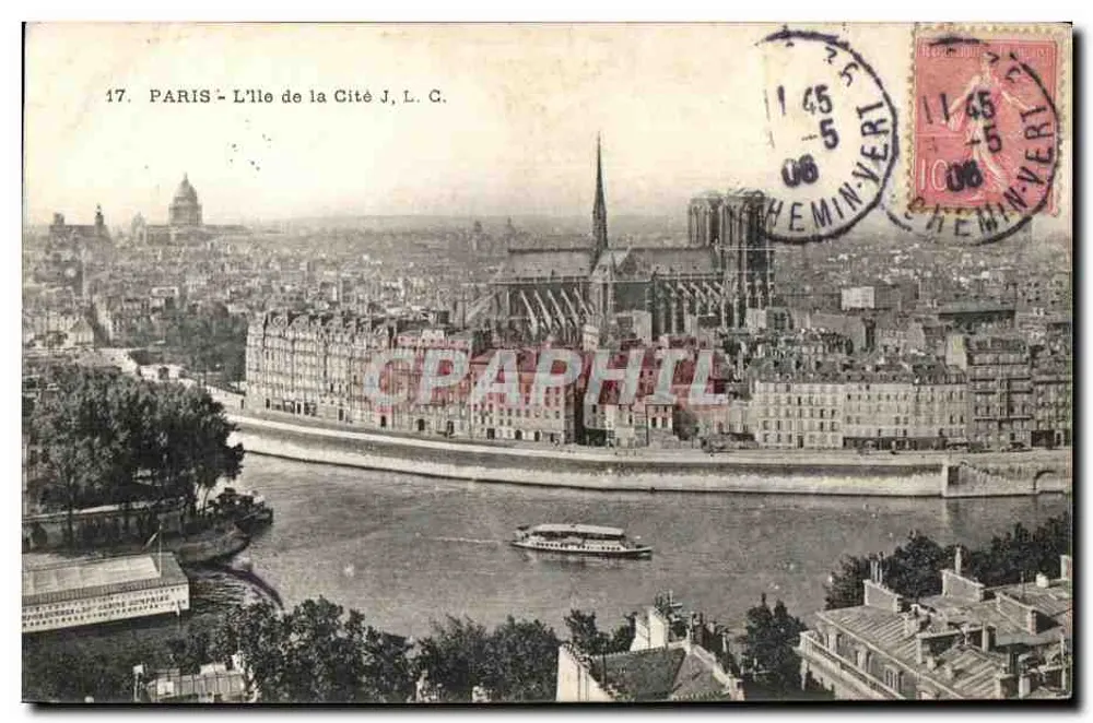 Paris - L'Île de la Cité — vue aérienne avec la cathédrale Notre-Dame et le fleuve, éditeur J. L. C. - Frente