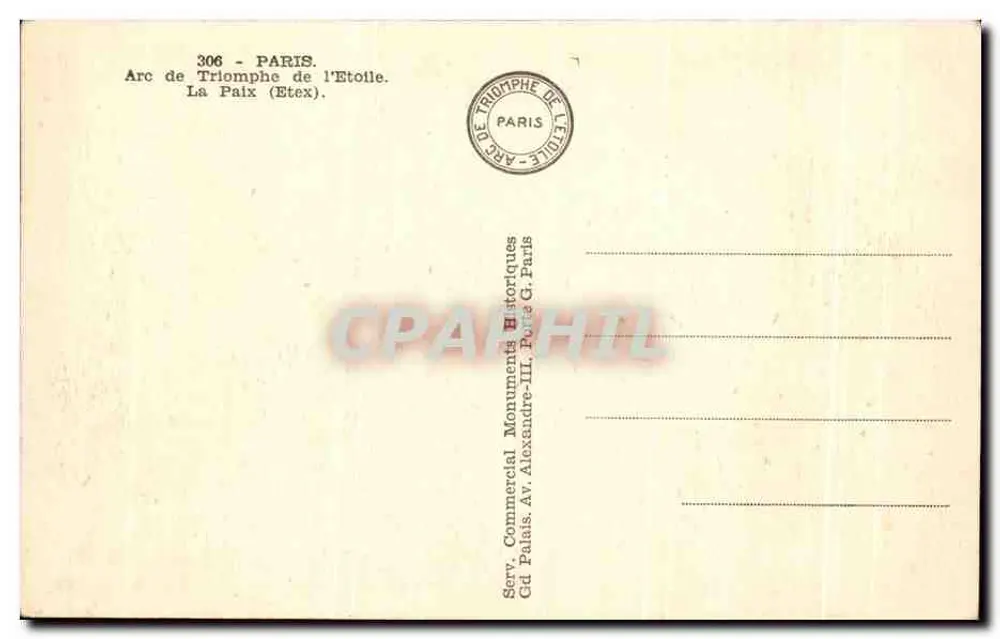 Arco do Triunfo da Estrela — A Paz — Serv. Comercial Monuments Historiques, Paris - Verso