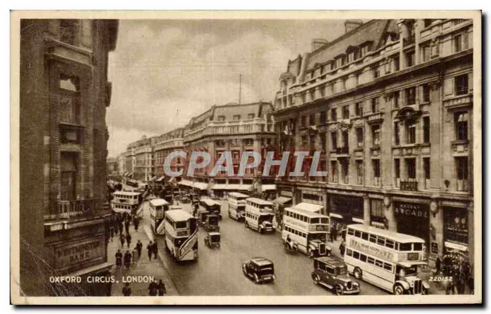 Oxford Circus, Londres — vue de la rue avec des bus et des voitures — éditeur Valentine's Postcard, n° 220152 - Awers