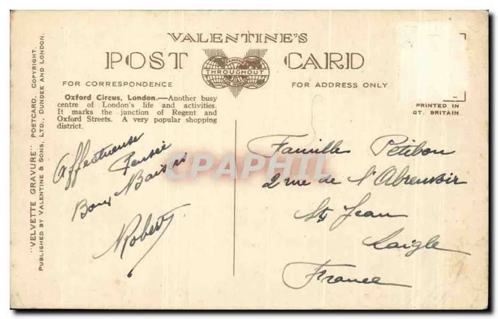 Oxford Circus, Londres — vue de la rue avec des bus et des voitures — éditeur Valentine's Postcard, n° 220152 - Rewers