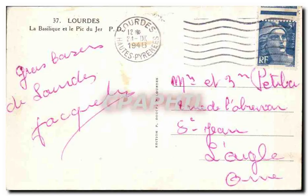Lourdes — A Basílica e o Pic du Jer — Edição P. Doucet Lourdes n°37 - Verso
