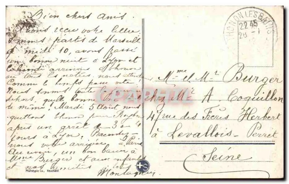 Thonon-les-Bains — Vista geral — Fototipia Co. Neuchâtel, n° 8468 - Verso