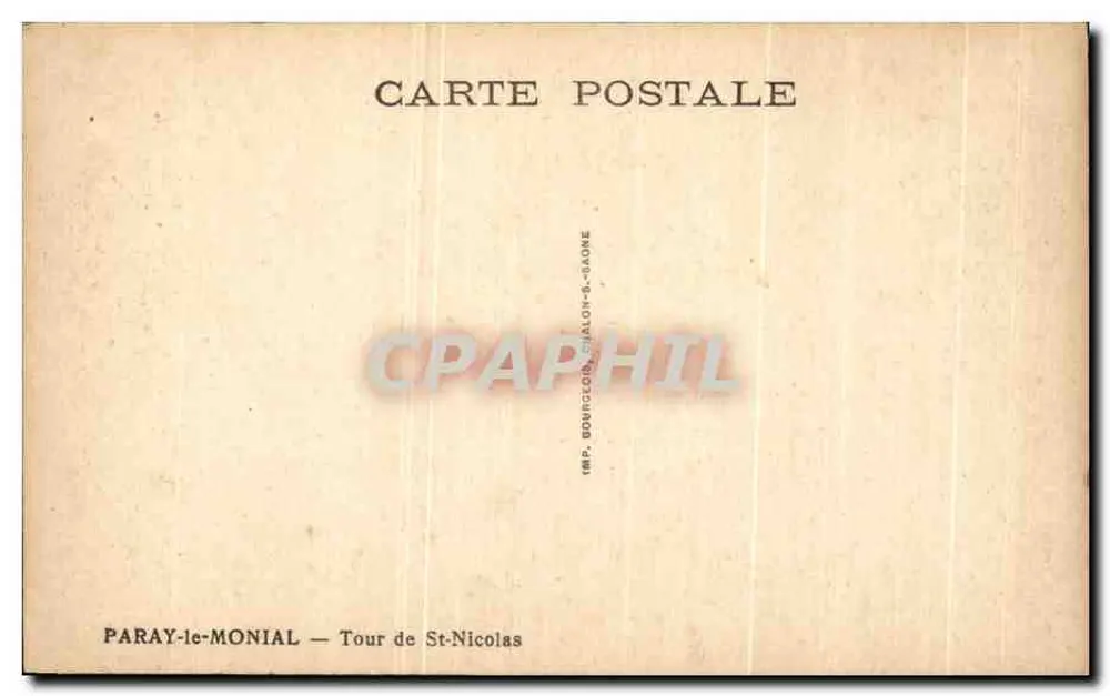 Paray-le-Monial — Torre de St-Nicolas — IMP. BOUVIGEON - ALON-S-SAONE - Verso
