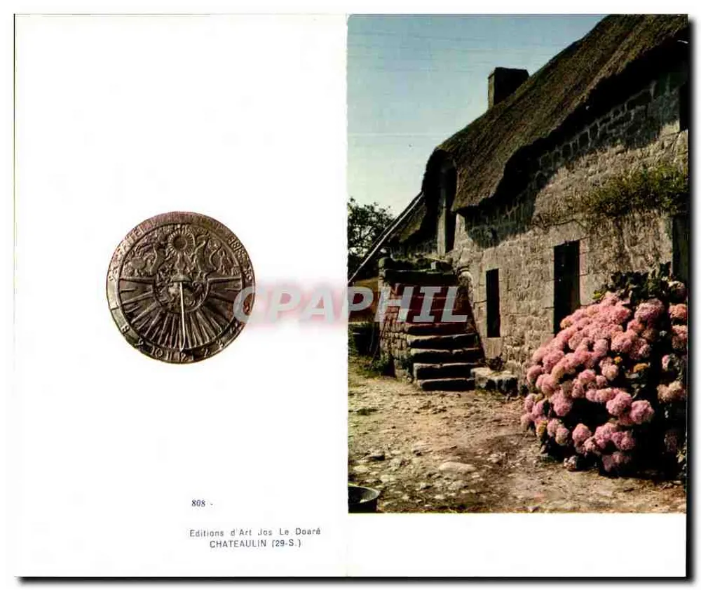 Relógio solar — Casa de pedra com hortênsias — Éditions d'Art Jos Le Doaré, Châteaulin (29-S) - Frente