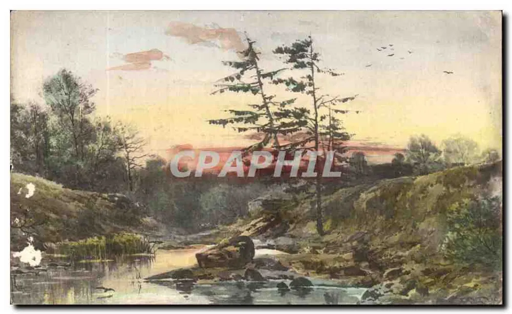 Paysage de rivière au coucher de soleil — peinture à l'aquarelle — éditeur non identifié - Frente
