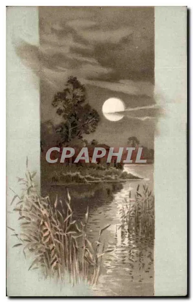 Lua sobre um lago — paisagem noturna — editor desconhecido, número de série não visível - Frente