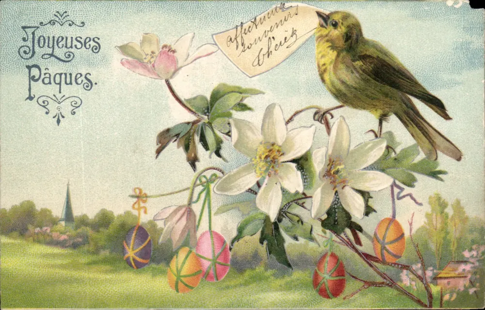 Pasen — vogel en gekleurde eieren — uitgever niet zichtbaar - Voorkant
