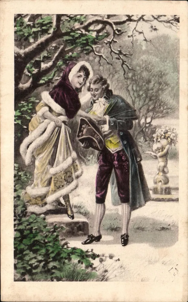 Junges Paar in historischem Kleid in einem Park — Verlag 'Postkarte — Carte postale' — Seriennummer nicht sichtbar - Vorderseite