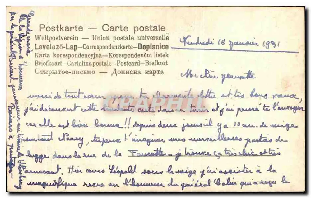 Junges Paar in historischem Kleid in einem Park — Verlag 'Postkarte — Carte postale' — Seriennummer nicht sichtbar - Rückseite