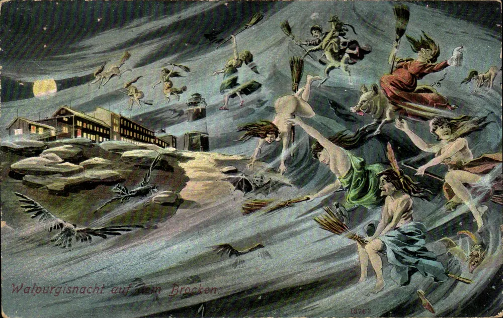 Walpurgisnacht auf dem Brocken — Szene von Hexen, die auf Besen fliegen — Verlag R. Lederbogen, Halberstadt - Vorderseite