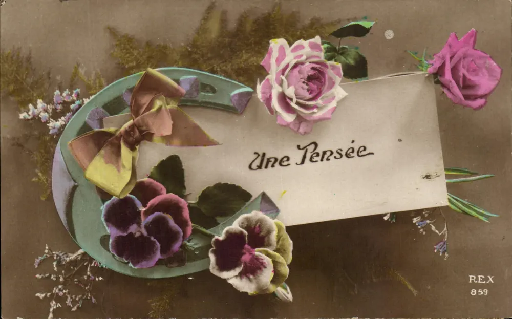 Uma Pensão — cartão postal decorativo com flores e arreios — REX 859 - Frente