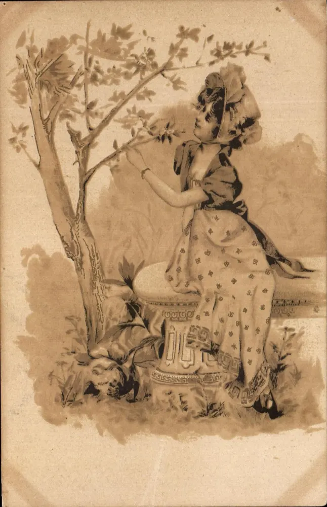 Frau in Musterkleid — Unter einem Baum — Verlag nicht sichtbar - Vorderseite
