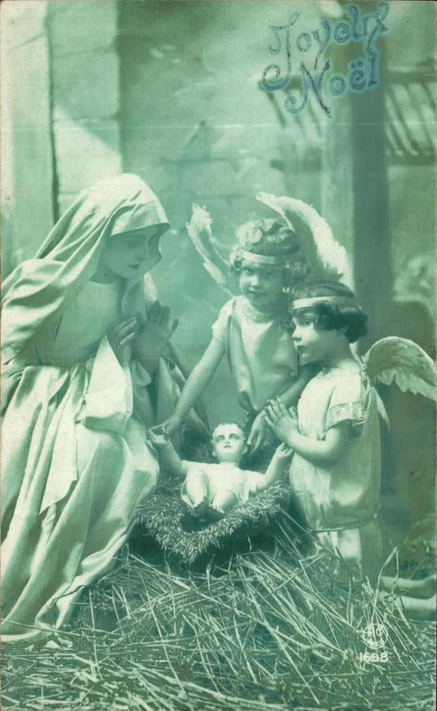 Crèche de Noël — scène de la Nativité avec Marie, l'Enfant Jésus et deux anges — éditeur A. G. n° 1698 - Frente