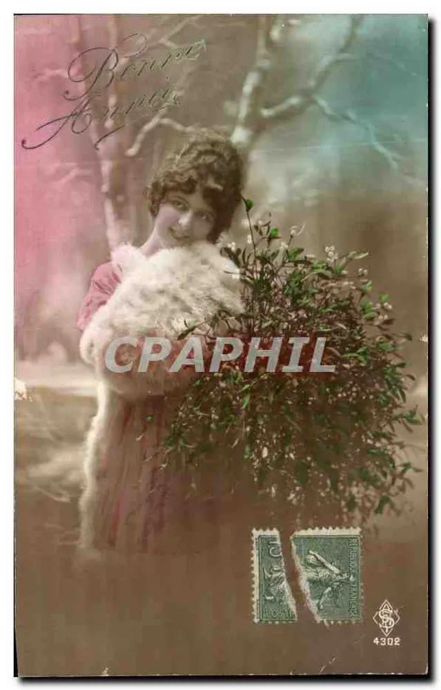 Frau in Pelz mit Blumenstrauß — Frohes Neues Jahr — L. Branger, Verlag, Nanterre, Nr. 4302 - Vorderseite