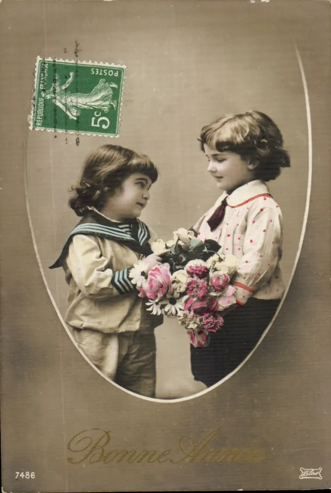 Zwei Kinder, die Blumen austauschen — Frohe Neujahr — Verlag Létilad, Nr. 7486 - Vorderseite