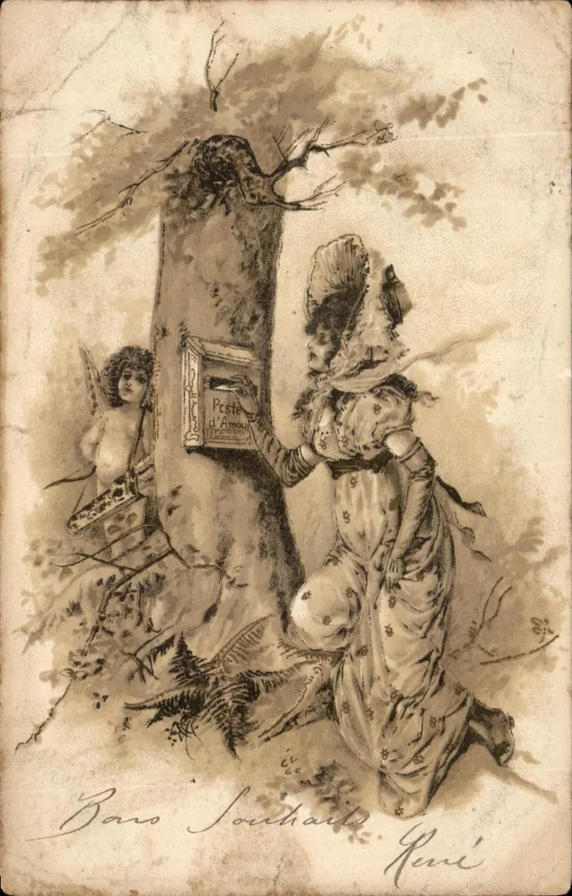 Frau mit Liebeskasten — Waldszenen mit Putto — Verlag Geni - Vorderseite