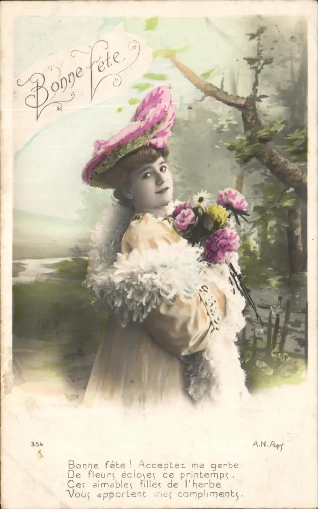 Frau in einem rosa Hut mit einem Blumenstrauß — A.N. Pagis, n° 354 - Vorderseite
