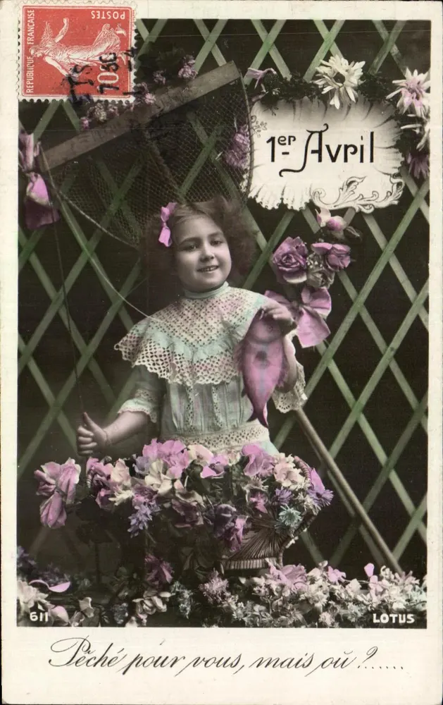 Mädchen mit Fisch — 1. April — Verleger LOTUS, Nr. 611 - Vorderseite