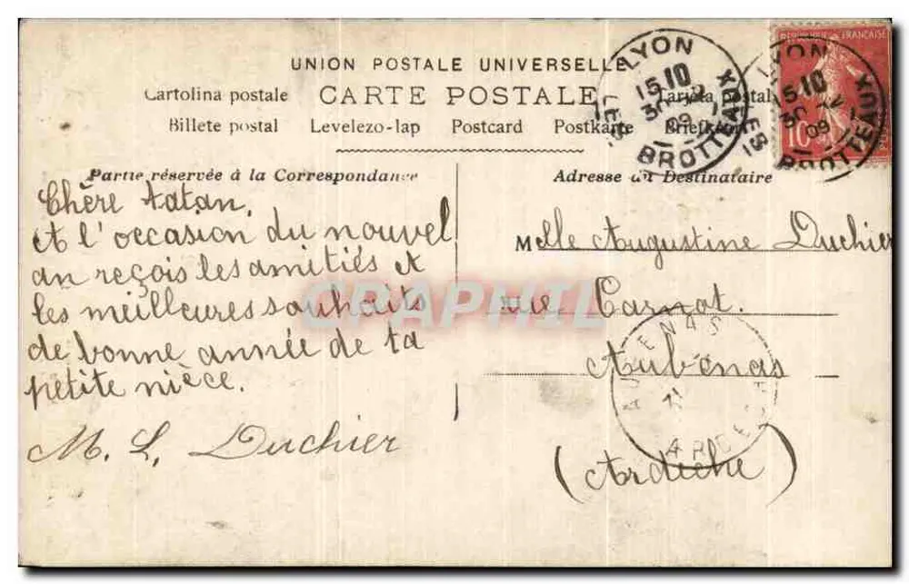 Fille en robe bleue avec échelle — scène de jardin — éditeur 'Bonne Année' n°159 - Verso