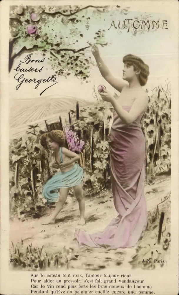 Herbst — Eve pflückt eine Äpfel, Kind nebenher — A.N. Paris, n°333 - Vorderseite