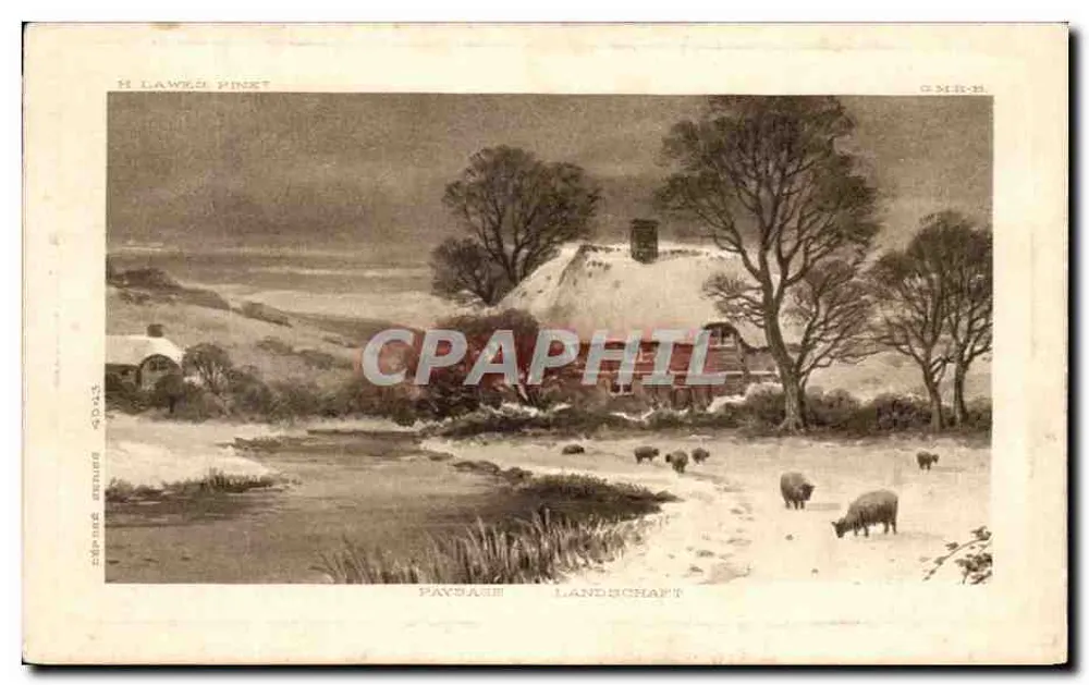 Winterlandschaft — schneebedecktes Haus, Schafe, Bach — H. Lawed Pinket, G.M.R.-E. - Vorderseite
