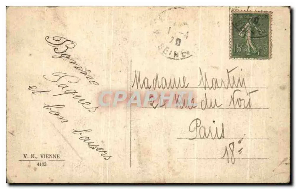 Osterfeier — Frau und zwei Kinder mit Blumen und Eiern — V. K., Wien - Rückseite