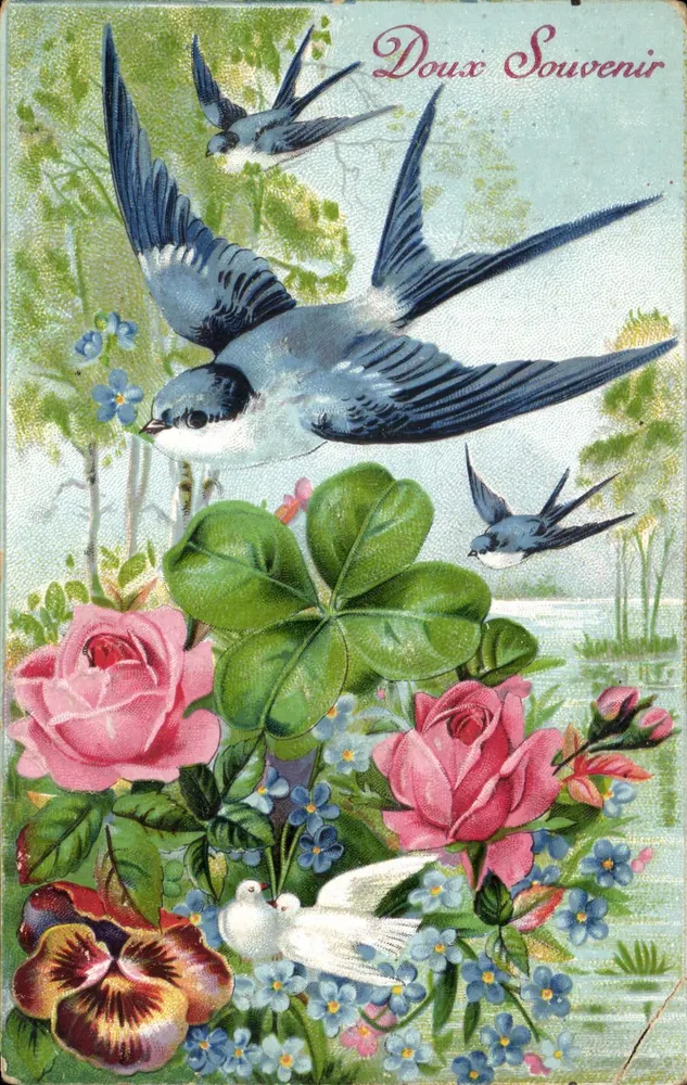 Vögel im Flug — Garten-Szene mit Rosen und Klee — Verleger nicht sichtbar - Vorderseite