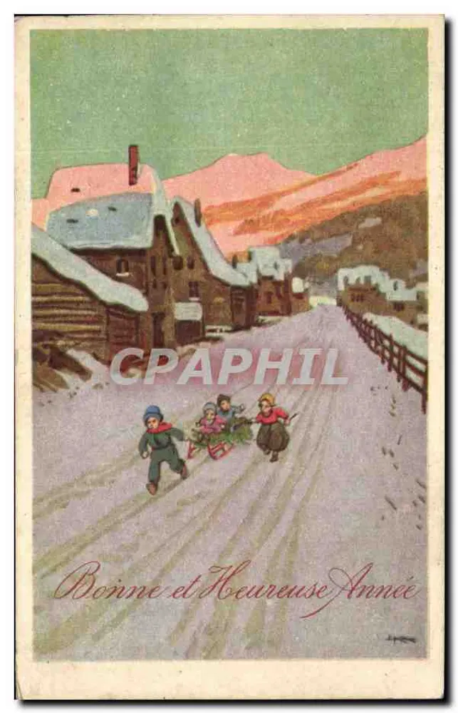 Kinder, die auf Schlittschuhen in einem schneereichen Dorf spielen — Frohe Weihnachten — Verlag nicht sichtbar - Vorderseite