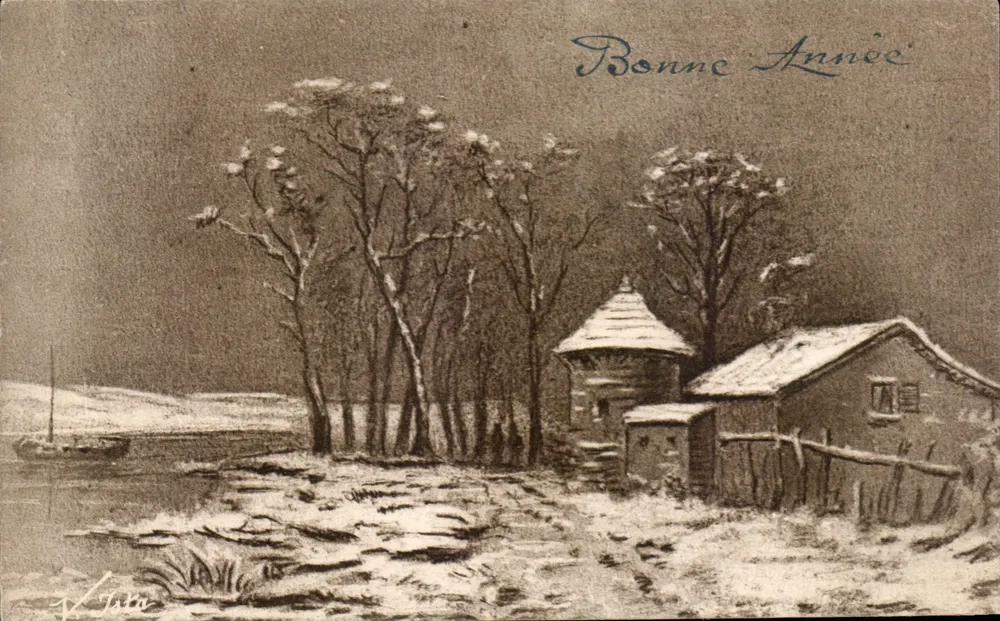 Winterlandschaft mit Hütte — Frohe Weihnachten — V. Léon - Vorderseite