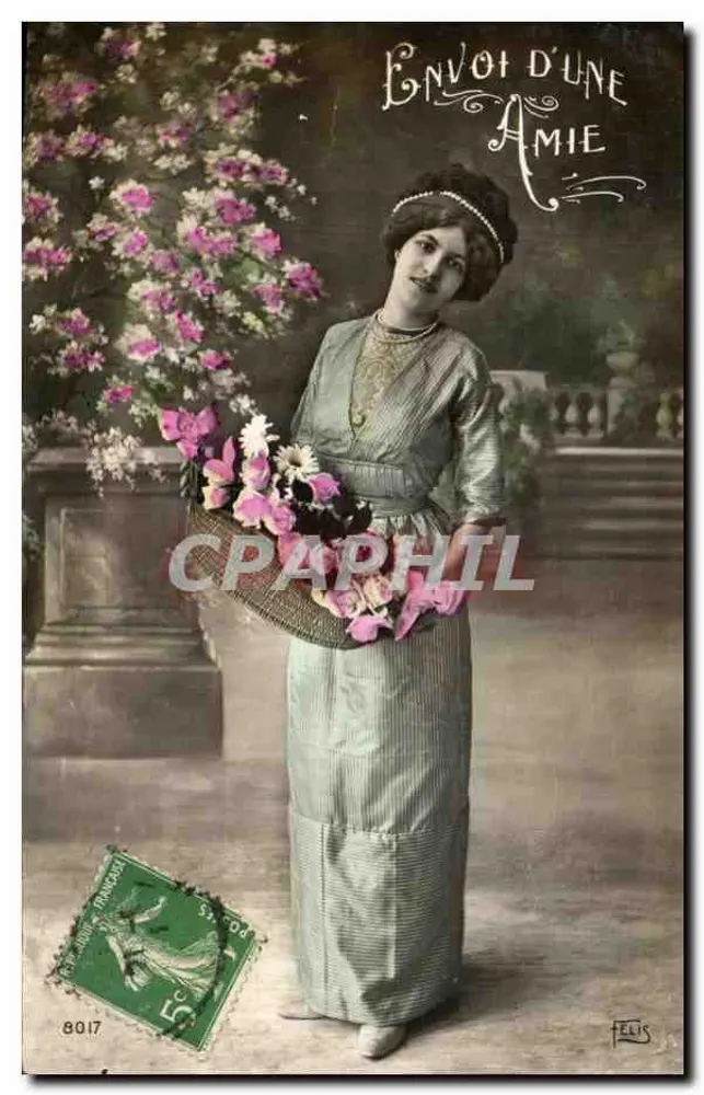 Frau in einem gestreiften Kleid mit einem Blumenkorb — Nachricht von einer Freundin — Verleger Felis, Nr. 8017 - Vorderseite
