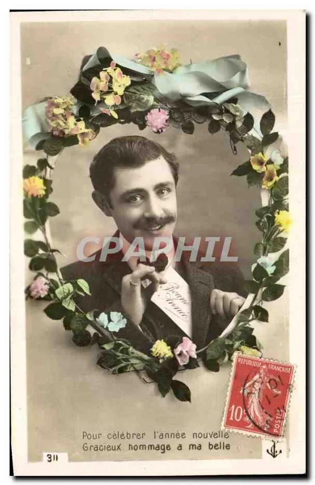 Mann in floraler Rahmung — Zum Neujahr, zärtliches Tribut meiner Schönheit — Verlag unbekannt, Nr. 311 - Vorderseite