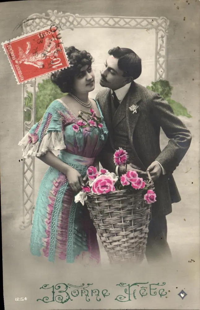 Romantisches Paar mit Rosenkorb — Verlag 'Bonne Fête' — Nr. 1254 - Vorderseite