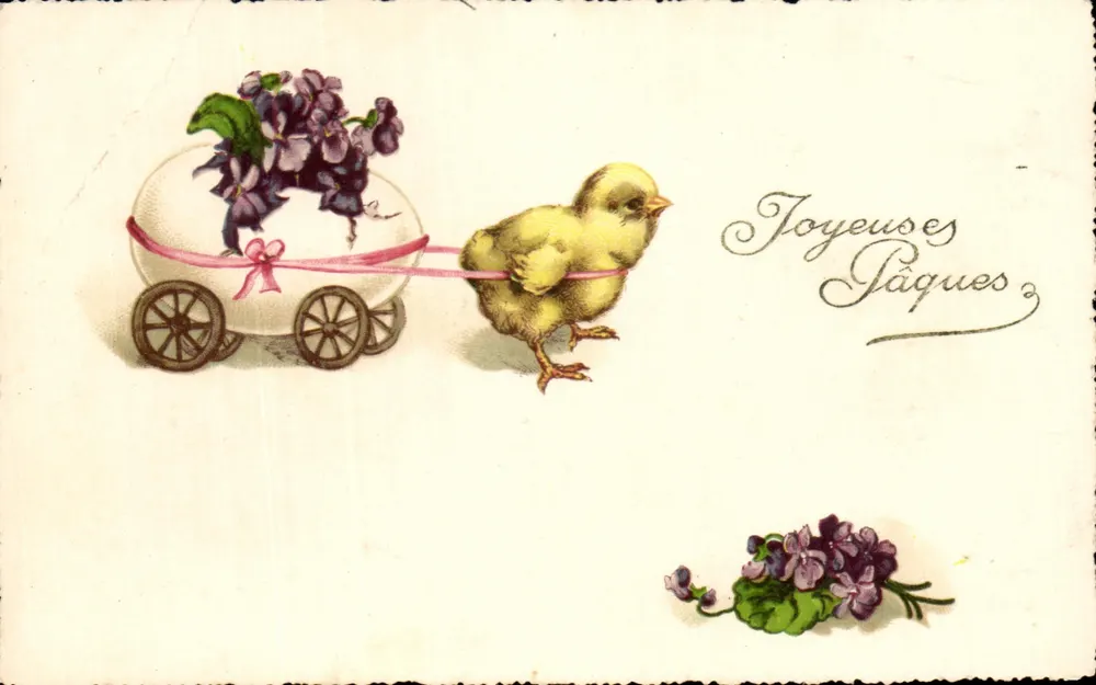Poussin tirant un landau de violettes — carte de Pâques - Voorkant