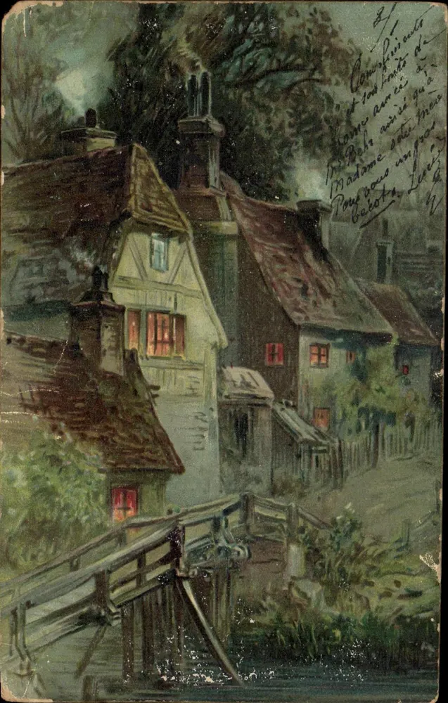 Nächtliches Dorf — Holzhaus und Brücke — Verlag unbekannt, Serie 150 - Vorderseite