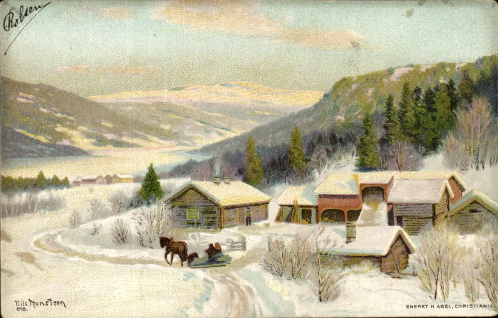 Bils Hunsteien — Winterlandschaft mit Schlitten und Pferd — Eneret H. Abel, Christiania - Vorderseite