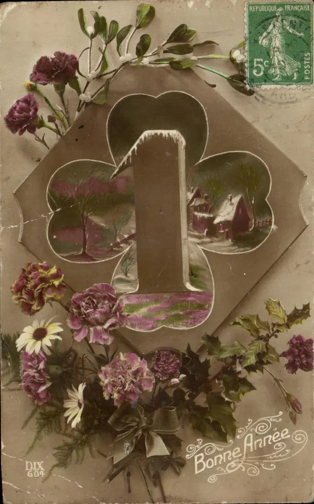 Fleurs et décorations — carte de vœux avec chiffre 1 et paysage hivernal — éditeur DIX 604 - Frente