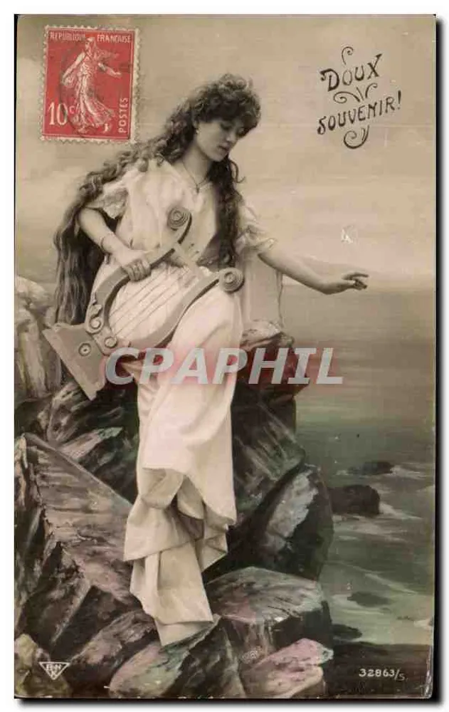 Jeune femme avec lyre — scène côtière — éditeur E. M. n° 32863/5 - Vorderseite
