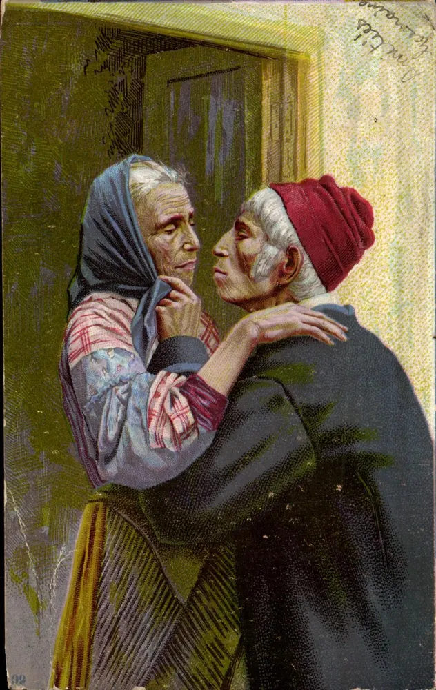 Dwie stare kobiety objmujące się — ilustracja — wydawca P. J. M. (nr 99) - Awers